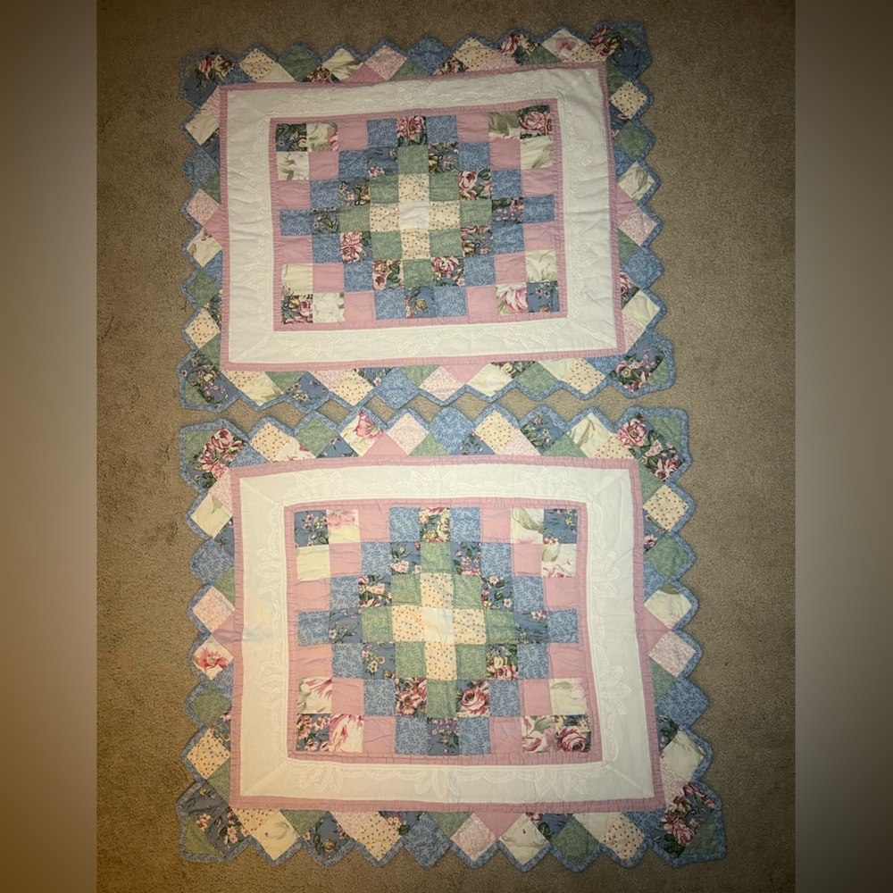 Pair of Patchwork Lace Quilted Pillow Shams Cases Pink Blue White Standard - Picture 3 of 10